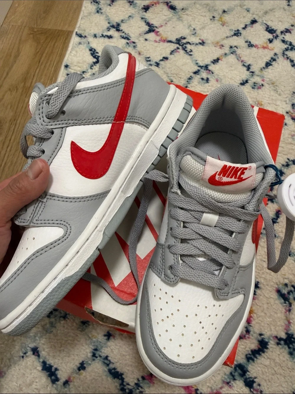 Nike Kids Dunk Low — White and Gray with Red Swoosh
